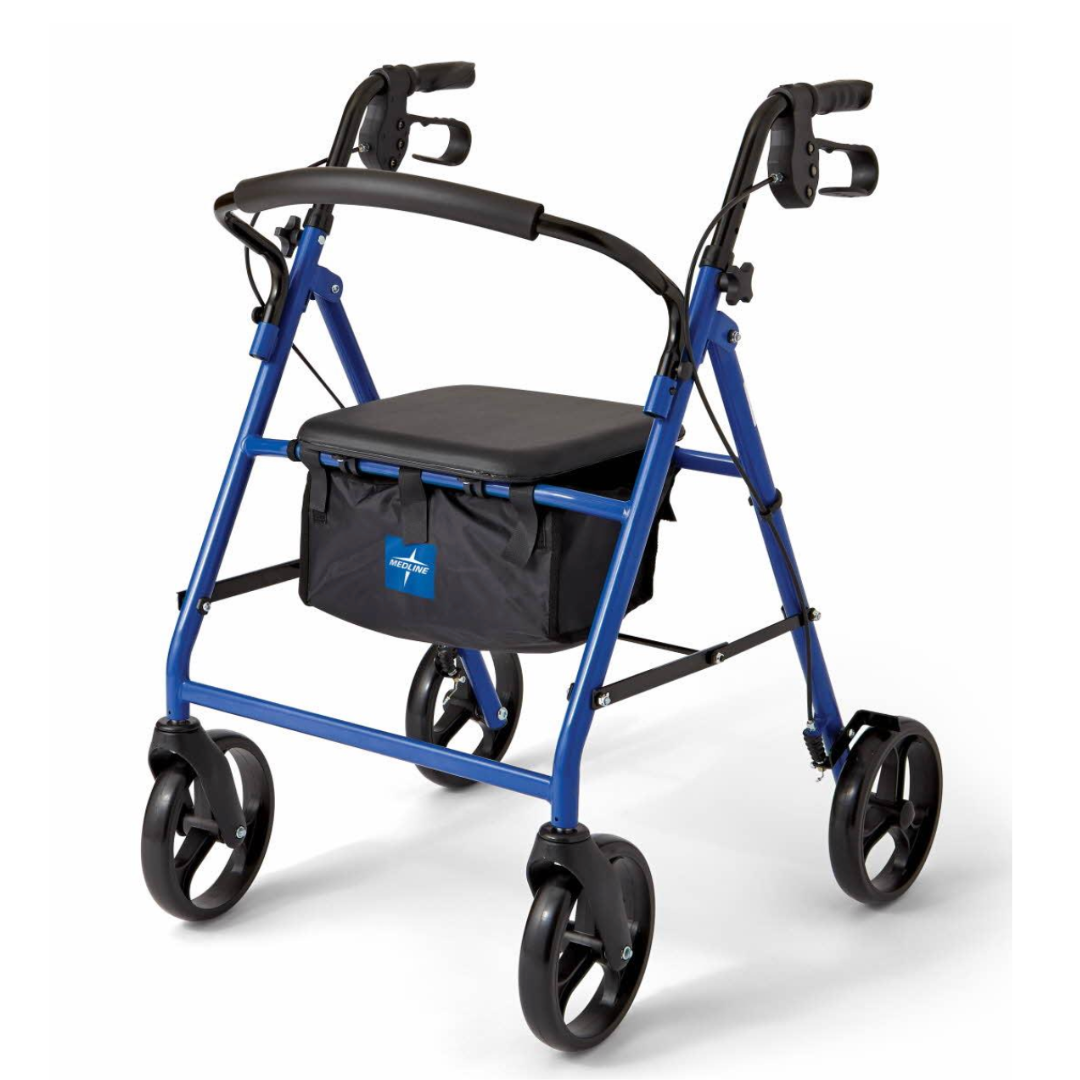 The Medline Basic Lightweight Steel Folding Rollator in blue is an ultra-lightweight walker with four black wheels, a cushioned seat, and a storage pouch. It offers height-adjustable arms and legs for personalized support and has two handle brake levers for stability.